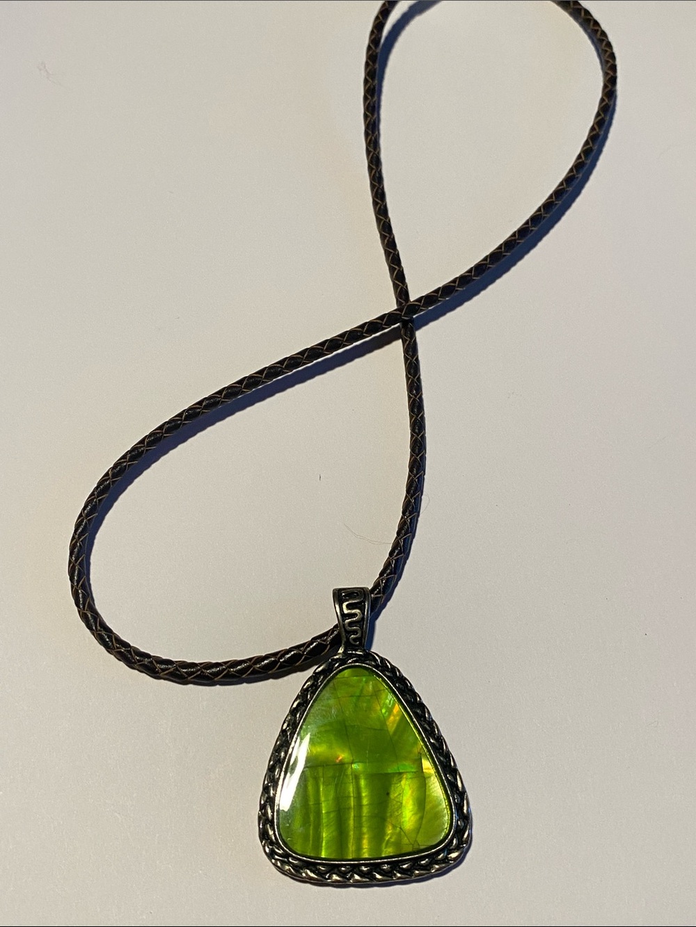 Green Triangle Pendant Necklace with brown braided Cord